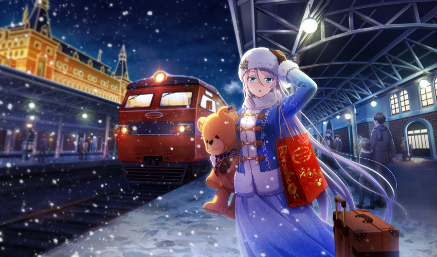 1girl, bag, blue_skirt, blurry, breath, brown_gloves, cinderella_series, coat