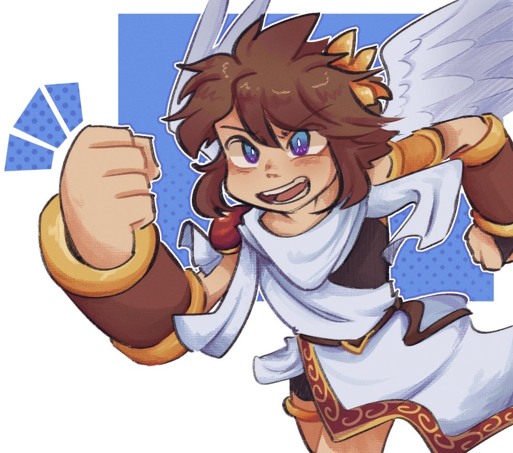 1boy, androgynous, angel_wings, armlet, bike_shorts, bike_shorts_under_skirt, blue_background, blue_eyes