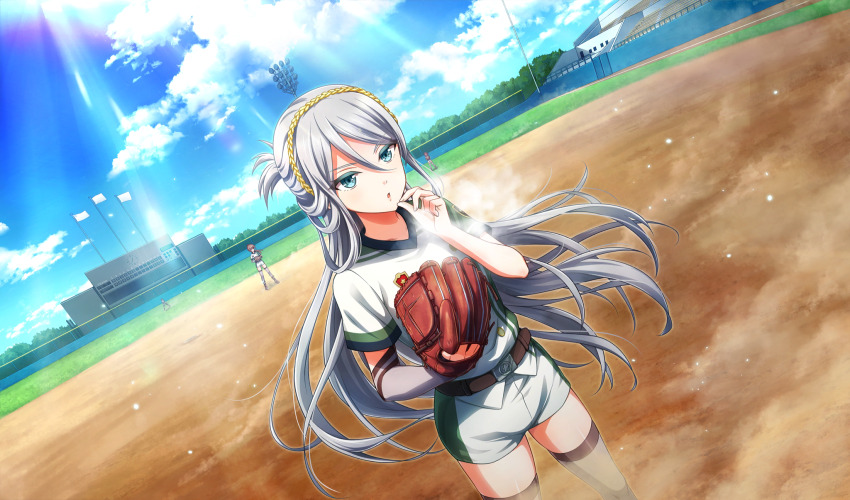 4girls, baseball, baseball_glove, baseball_stadium, baseball_uniform, belt, belt_buckle, brown_belt