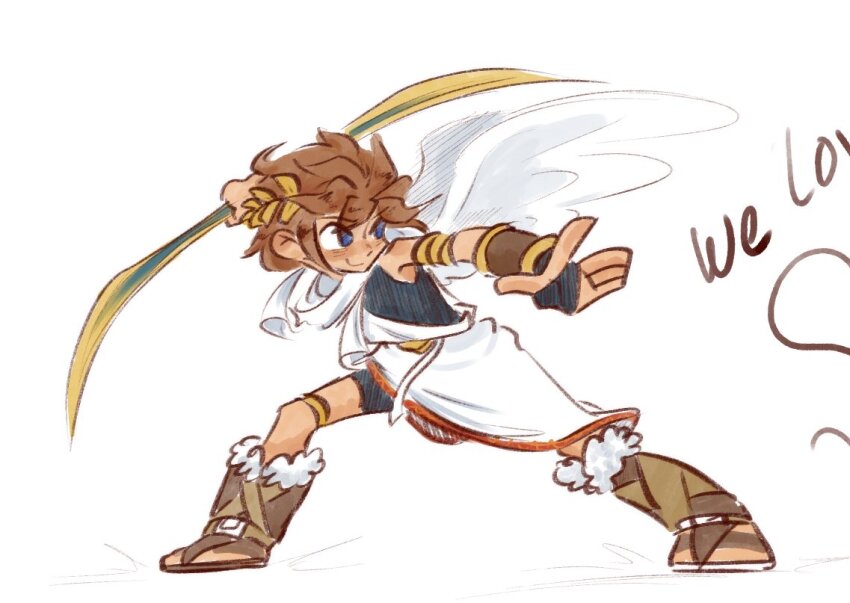 1boy, androgynous, angel, armlet, black_shorts, blue_eyes, brown_hair, closed_mouth