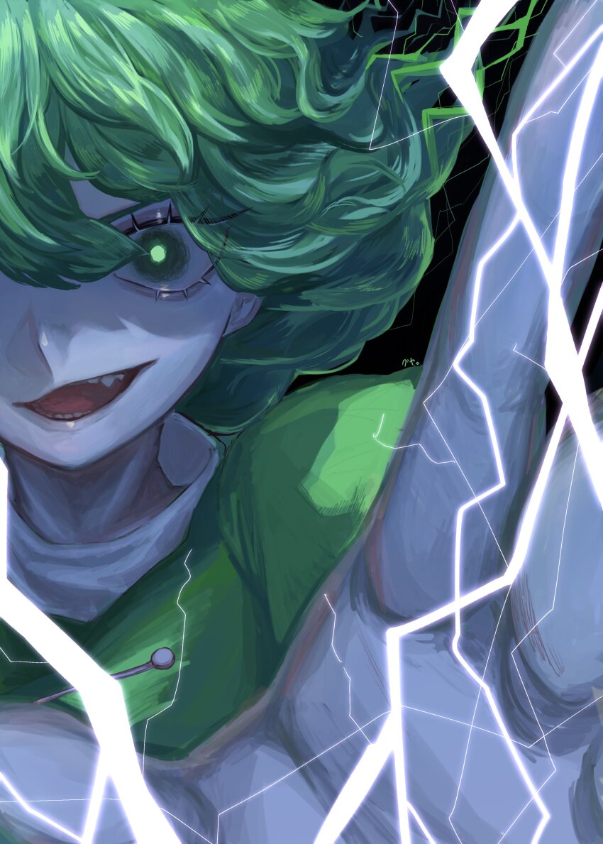 1girl, absurdres, black_background, commentary_request, electricity, eyelashes, green_eyes, green_hair