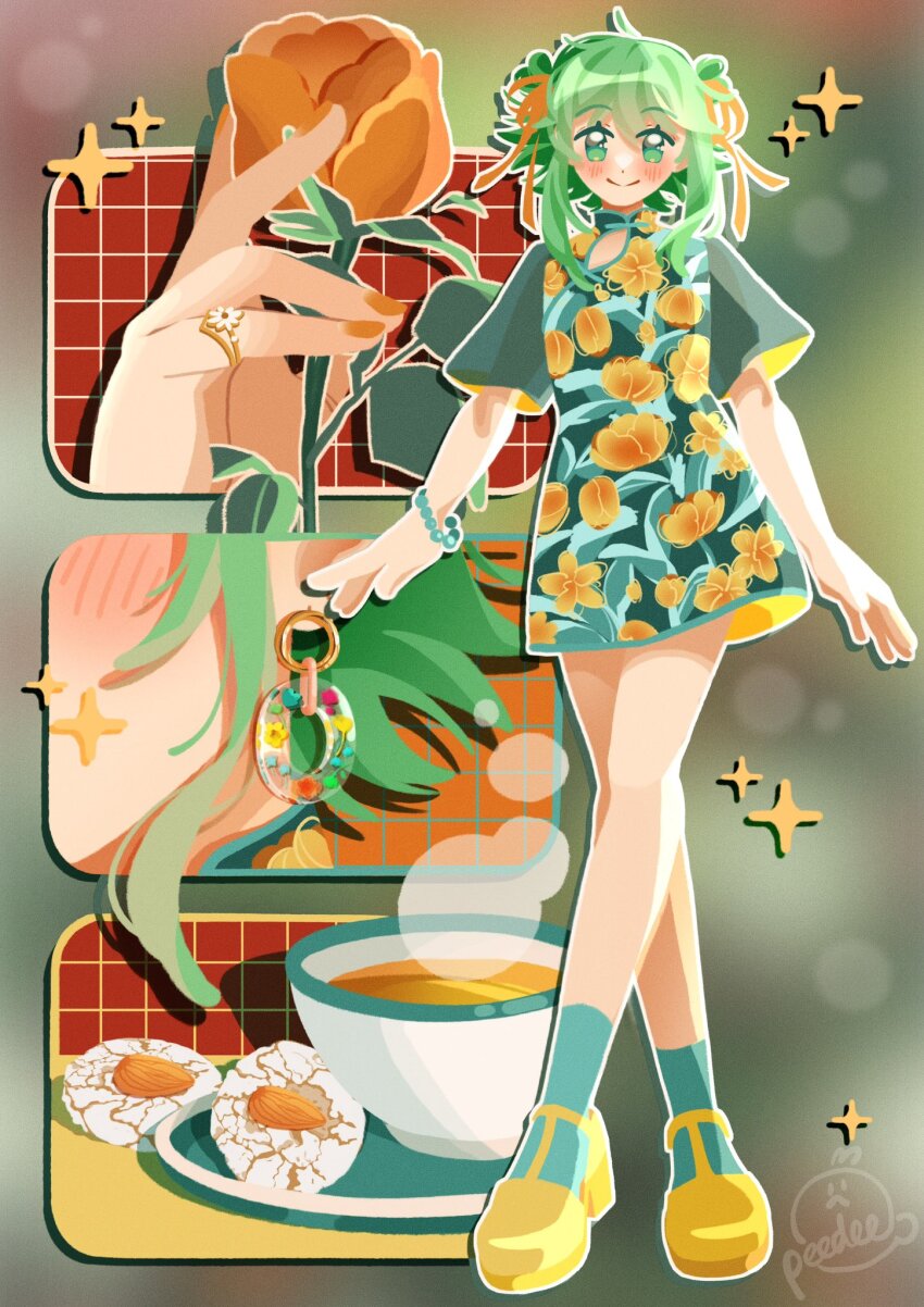 1girl, almond, artist_name, blurry, blush, bokeh, bracelet, china_dress