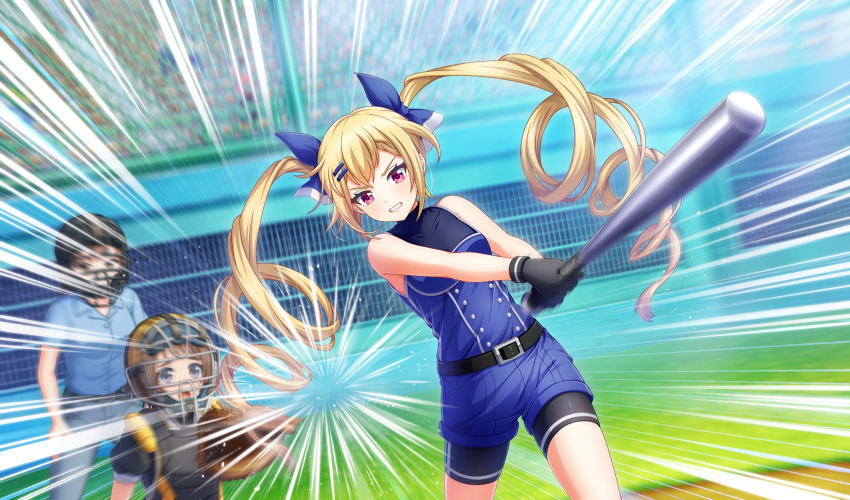 3girls, baseball, baseball_bat, baseball_glove, baseball_stadium, baseball_uniform, belt, belt_buckle, bike_shorts, bike_shorts_under_shorts, black_belt, black_gloves, black_shorts, blonde_hair, blue_shirt, blue_shorts, blurry, bow, brown_hair, buckle, catcher's_mask, catcher_(baseball), chest_protector, cinderella_series, clenched_teeth, depth_of_field, drill_hair, dutch_angle, emphasis_lines, game_cg, gloves, grey_eyes, grey_pants, hachigatsu_no_cinderella_nine, hair_bow, hair_ornament, hairclip, highres, holding, holding_baseball_bat, kousaka_tsubaki, long_hair, makino_hana, metal_baseball_bat, motion_blur, multiple_girls, non-web_source, official_art, open_mouth, outdoors, pants, playing_sports, red_eyes, shirt, shorts, sleeveless, sleeveless_shirt, solo_focus, sportswear, teeth, twin_drills, umpire, v-shaped_eyebrows