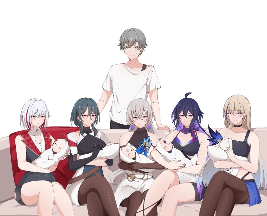 1boy, 5girls, 5others, ahoge, alternate_costume, baby, baby_carry, bare_shoulders