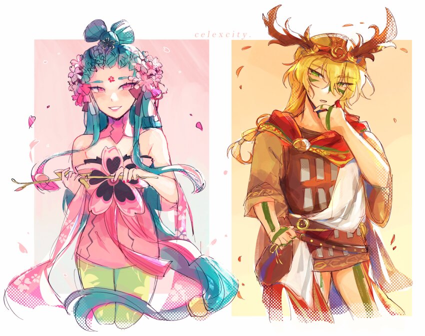 1boy, 1girl, absurdres, antlers, aqua_hair, blonde_hair, celexcity, commentary