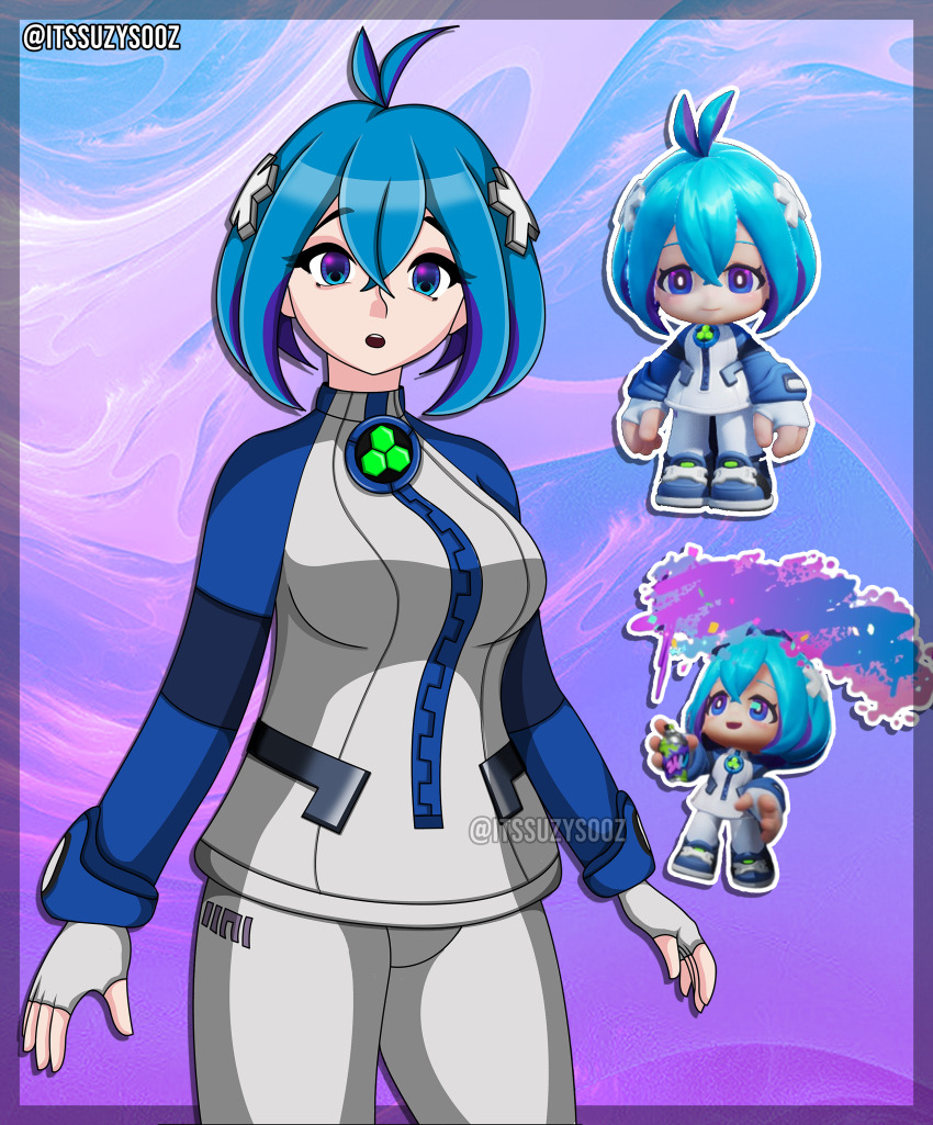 3d, :o, absurdres, ahoge, antenna_hair, barcode, blue_eyes, blue_footwear, blue_hair, blue_jacket, breast_zipper, chibi, cross_hair_ornament, fingerless_gloves, gloves, hair_between_eyes, hair_ornament, highres, itssuzysooz, jacket, kartrider, kartrider:_drift, looking_at_viewer, miso_(kartrider:_drift), multicolored_eyes, multicolored_hair, paint_can, pants, purple_eyes, purple_hair, shoes, short_hair, smile, sneakers, spray_can, spray_paint, spraying, teeth, two-tone_eyes, two-tone_hair, upper_teeth_only, watermark, white_gloves, white_jacket, zipper