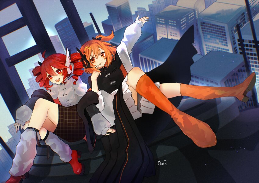 2girls, :d, absurdres, adachi_rei, artist_name, black_shirt, blue_sky, blush