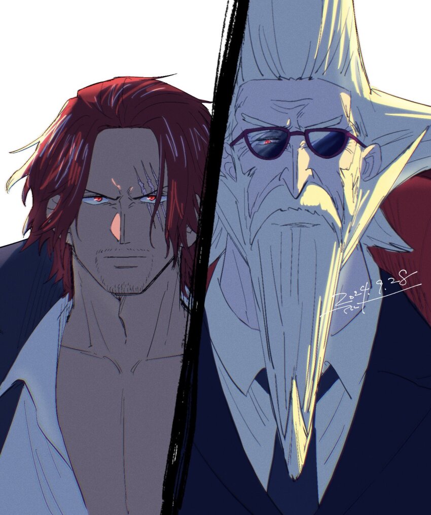 2boys, backlighting, bear, beard, beard_stubble, choko_egg, collarbone, dated