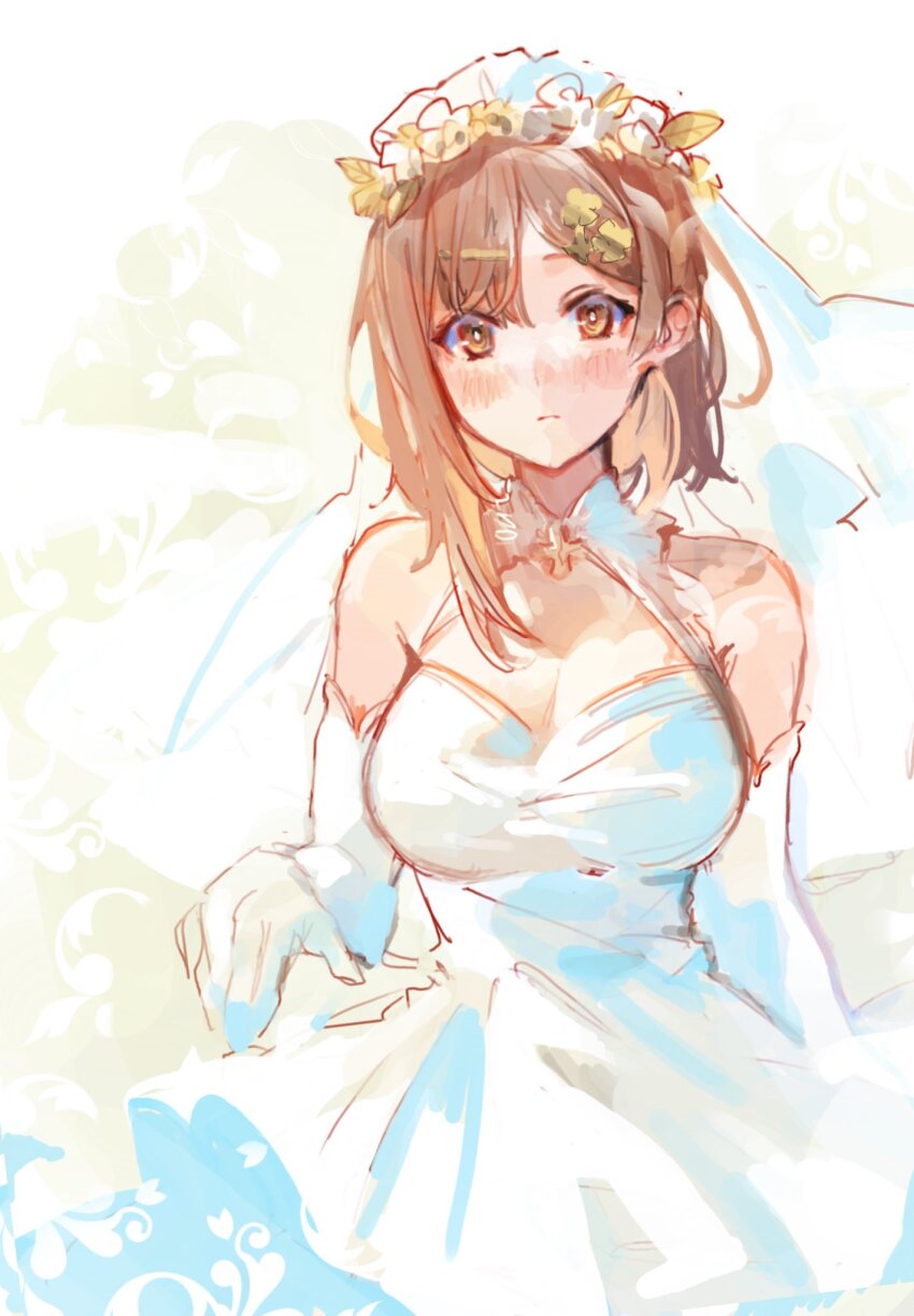 1girl, atelier_(series), atelier_ryza, bare_shoulders, breasts, bridal_veil, brown_eyes, brown_hair