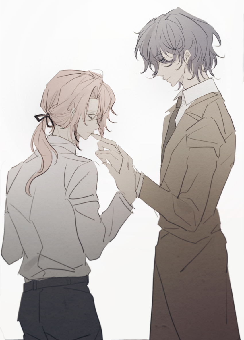 2boys, alternate_costume, black_hair, black_necktie, black_pants, brown_coat, chinese_commentary, closed_eyes