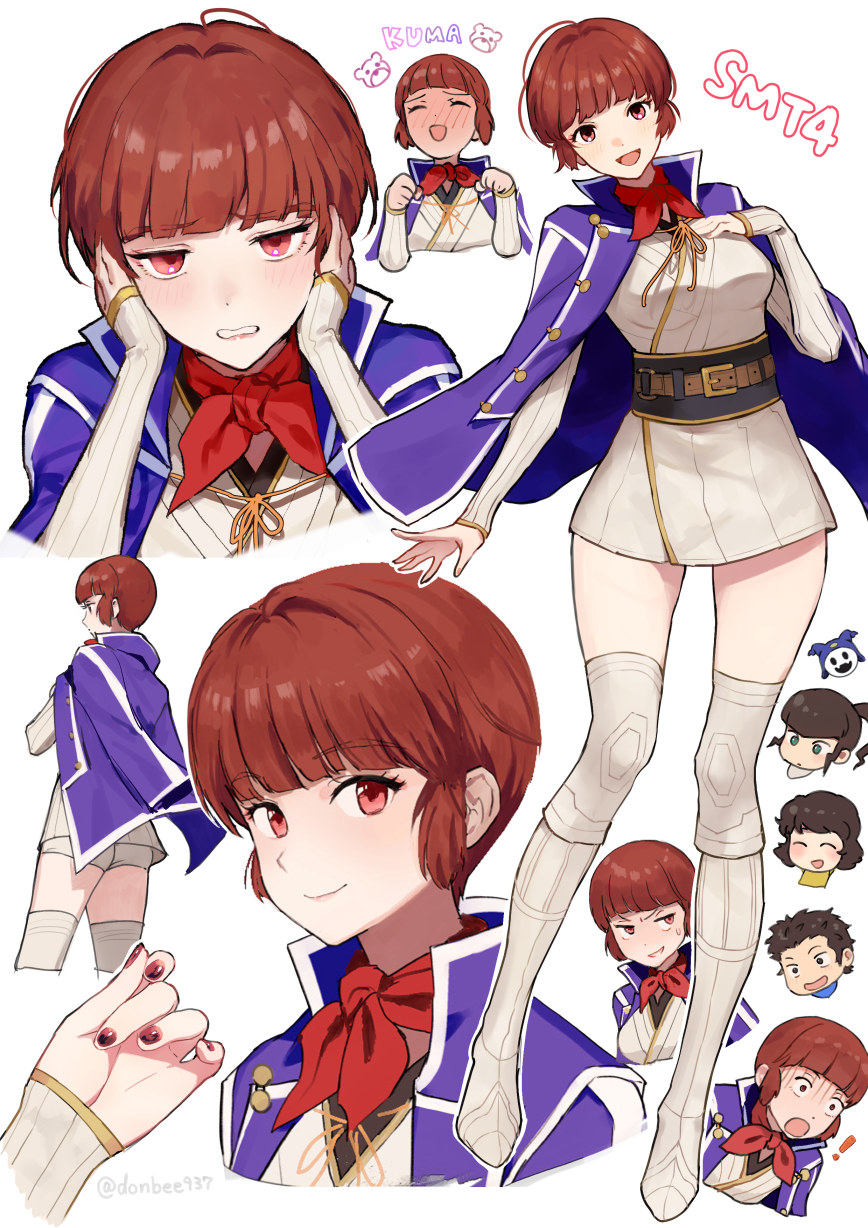 2boys, 2girls, :d, artist_name, belt, blunt_bangs, blush, boots, breasts, brown_belt, brown_hair, chibi, chibi_inset, closed_mouth, donbee937, eyelashes, flynn_(megami_tensei), hand_on_own_chest, hands_on_own_face, highres, isabeau_(megami_tensei), jack_frost_(megami_tensei), jacket, jacket_on_shoulders, japanese_clothes, kimono, legs, long_sleeves, looking_at_viewer, medium_breasts, multiple_boys, multiple_girls, nail_polish, nanashi_(megami_tensei), neckerchief, obi, open_mouth, purple_jacket, red_eyes, red_hair, red_nails, red_neckerchief, sash, shin_megami_tensei, shin_megami_tensei_iv, short_hair, short_kimono, short_shorts, shorts, sidelocks, simple_background, sleeves_past_wrists, smile, thigh_boots, thighs, twitter_username, walter_(megami_tensei), white_background, white_footwear, white_kimono, white_shorts