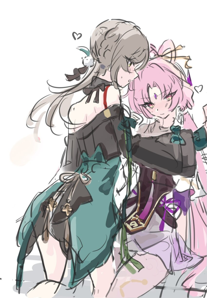 2girls, :o, ame_amean, averting_eyes, back, blush, brown_hair, chinese_clothes