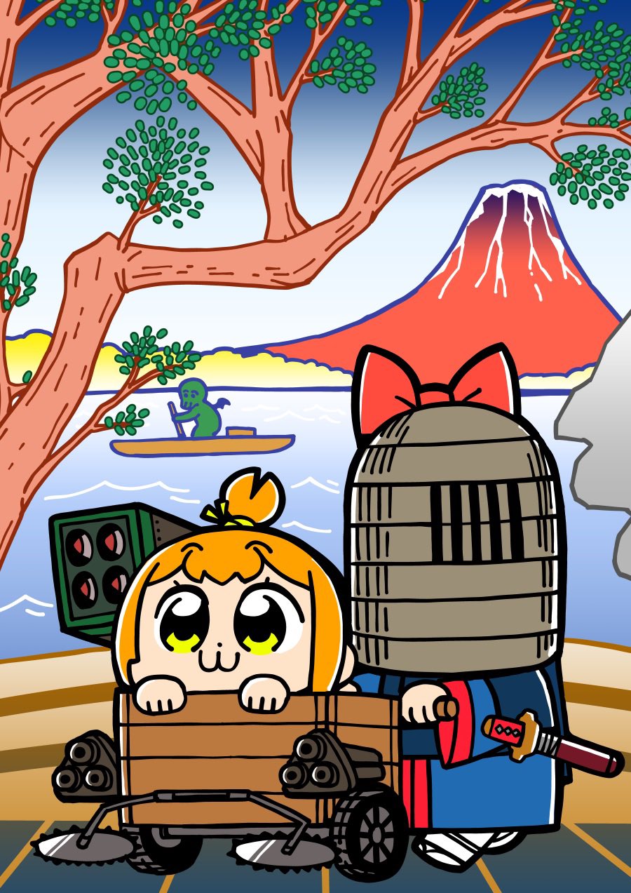 1other, 2girls, :3, bat_wings, bkub, black_footwear, blue_hair, blue_kimono