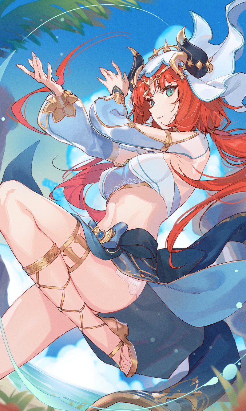 1girl, beach, blue_gem, blue_sky, breasts, circlet, closed_mouth, cloud