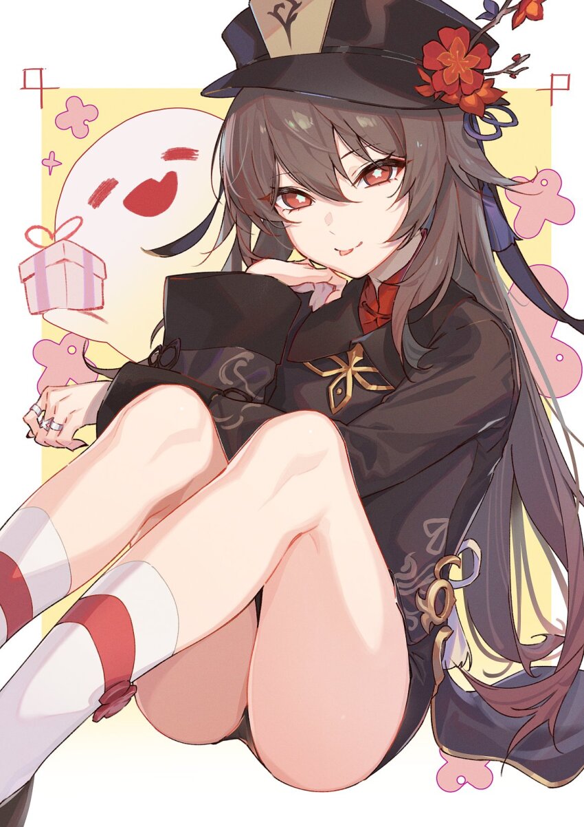 1girl, black_hat, boo_tao_(genshin_impact), brown_coat, brown_hair, brown_shorts, coat, coattails