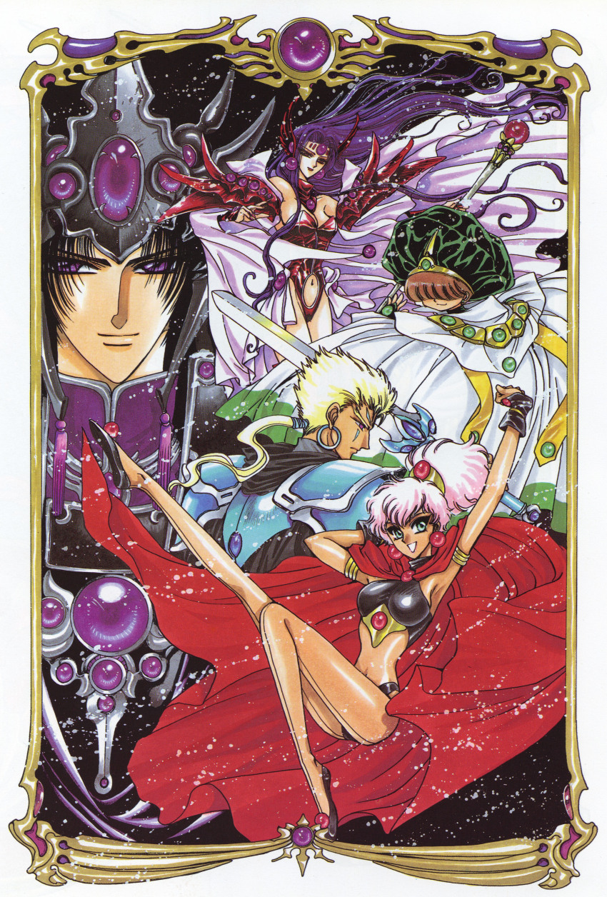 1990s_(style), 2girls, 3boys, absurdres, alcyone_(rayearth), armor, ascot_(rayearth), black_eyes