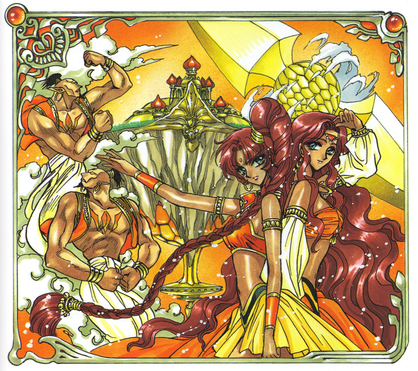 1990s_(style), 2boys, 2girls, absurdly_long_hair, absurdres, arabian_clothes, arm_up, armlet