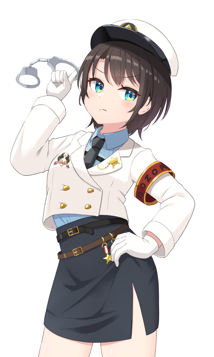 1girl, absurdres, armband, black_skirt, blue_eyes, brown_hair, collared_shirt, cropped_jacket