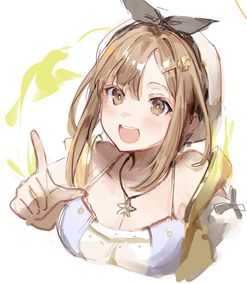 1girl, :d, atelier_(series), atelier_ryza, atelier_ryza_1, beret, breasts, brown_eyes