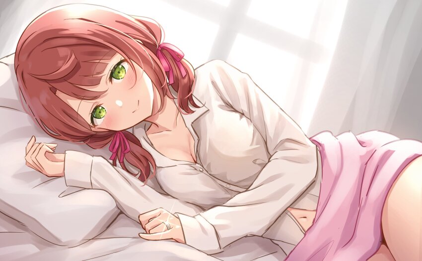 1girl, absurdres, blunt_bangs, blush, breasts, cleavage, collarbone, commentary_request