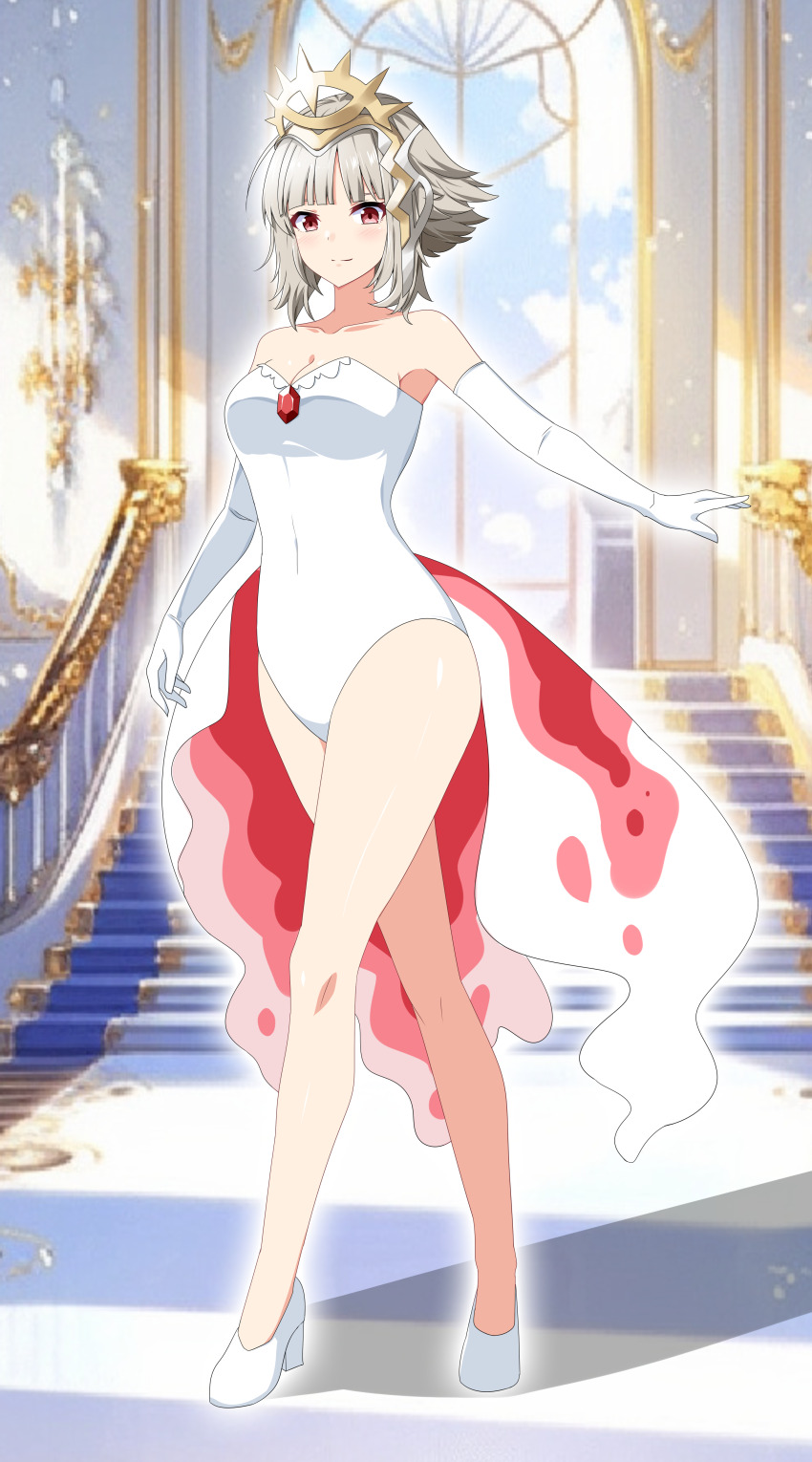 1girl, absurdres, bare_legs, bare_shoulders, blunt_bangs, blurry, blurry_background, breasts