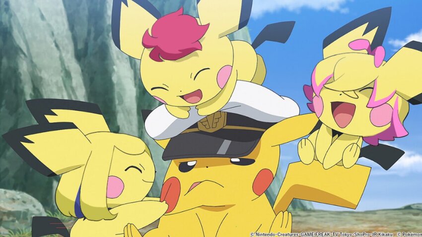 angel_(sunnyknights), blue_hair, captain_pikachu, closed_eyes, closed_mouth, clothed_pokemon, dot_(pokemon), fake_screenshot