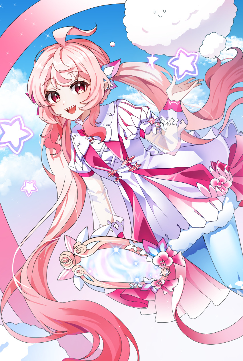 1girl, ahoge, asdff9919, blue_sky, cloud, commentary, dress, elsword