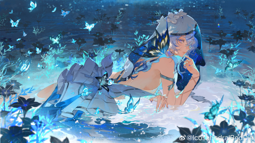 1girl, absurdres, armlet, bare_shoulders, black_flower, blake_bloom_(wuthering_waves), blue_butterfly, blue_hair, blue_nails, blue_veil, breasts, bug, butterfly, butterfly_on_shoulder, chinese_commentary, commentary_request, cowboy_shot, dress, flower, from_side, glowing_butterfly, grass, hand_up, highres, icosahedralreddie, insect, looking_at_viewer, lying, official_art, on_stomach, partially_submerged, profile, purple_pupils, ripples, shorekeeper_(wuthering_waves), short_dress, sideboob, silver_armlet, sleeveless, sleeveless_dress, solo, two-tone_veil, veil, water, watermark, weibo_watermark, white_dress, white_veil, wuthering_waves