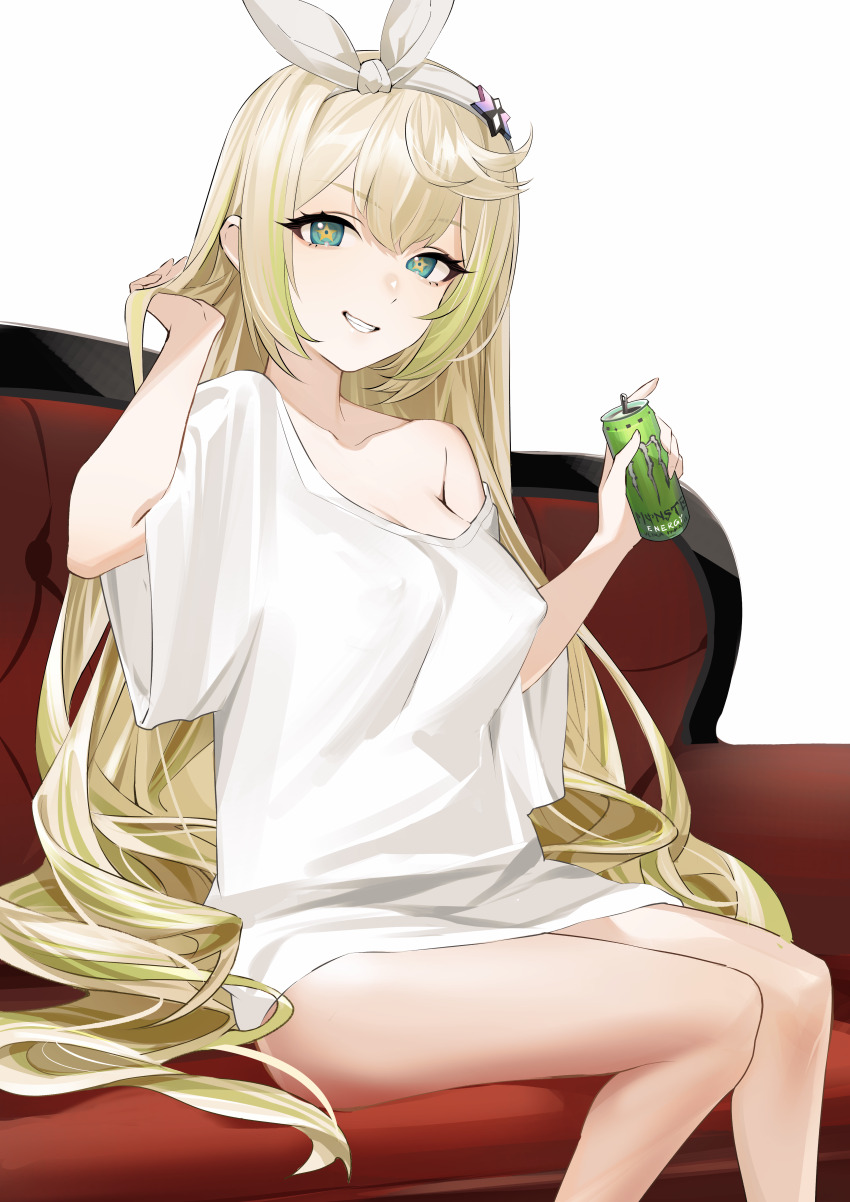 1girl, absurdres, alternate_costume, blonde_hair, bottomless, breasts, can, chinese_commentary