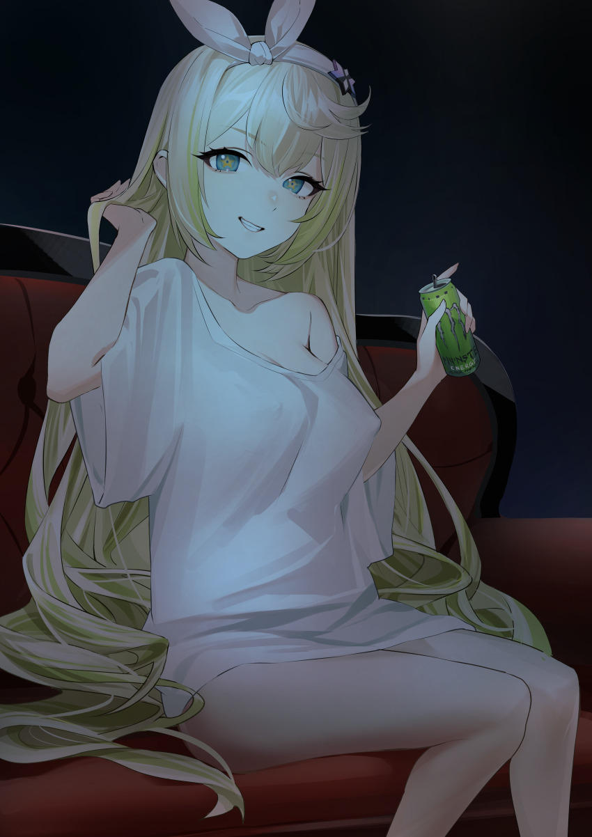 1girl, absurdres, alternate_costume, blonde_hair, bottomless, breasts, can, chinese_commentary, commentary_request, commission, couch, covered_erect_nipples, girls'_frontline, girls'_frontline_2:_exilium, green_hair, gwendolynstore, hair_ornament, hairband, hand_in_own_hair, highres, holding, holding_can, long_hair, looking_at_viewer, monster_energy, multicolored_hair, naked_shirt, on_couch, parted_lips, second-party_source, sharkry_(girls'_frontline_2), shirt, sitting, smile, solo, streaked_hair, symbol-shaped_pupils, t-shirt, teeth, two-tone_hair, white_hairband, white_shirt