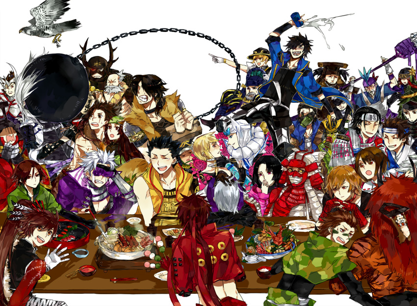 1other, 5girls, 6+boys, :d, :o, ^_^, akechi_mitsuhide_(sengoku_basara), amago_haruhisa_(sengoku_basara)