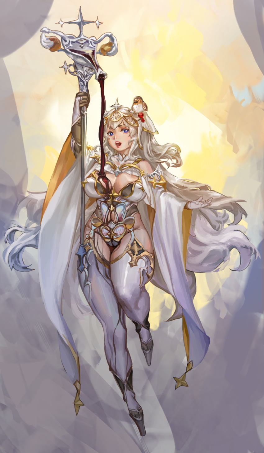 1girl, absurdres, alternate_costume, animal, animal_on_head, arm_up, bird, bird_on_head