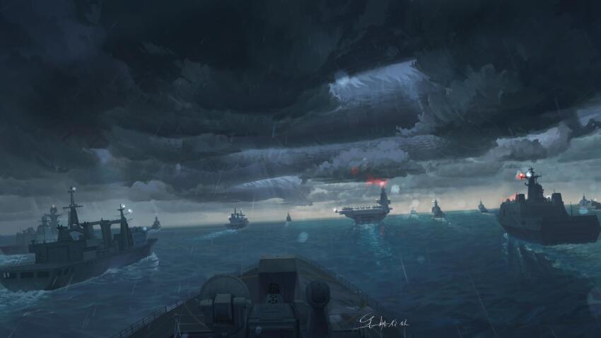 cloud, cloudy_sky, fujian_(aircraft_carrier), highres, military_vehicle, no_humans, ocean, original