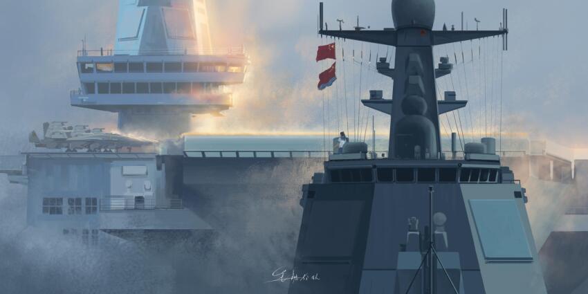 1girl, aircraft, aircraft_carrier, airplane, backlighting, black_hair, fighter_jet, flag