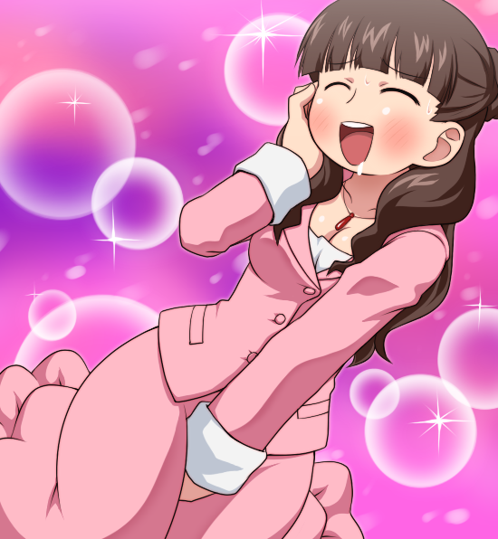 1girl, brown_hair, closed_eyes, drooling, female_focus, goriate, long_hair, mitsudomoe_(manga), open_mouth, skirt, solo, sugisaki_marina