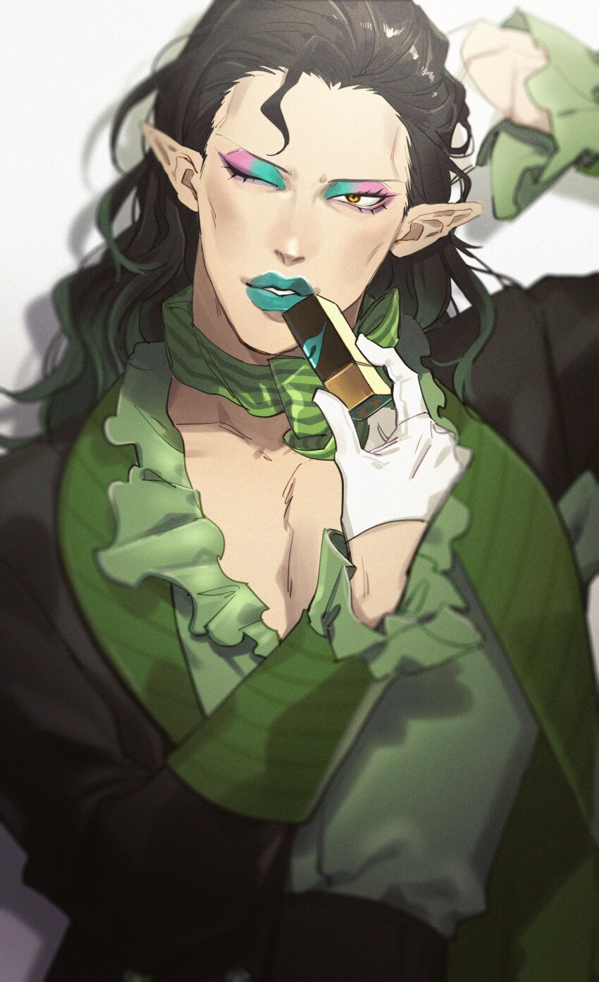 1boy, 2jexxx2684, absurdres, black_hair, black_jacket, blue_eyeshadow, blue_lips, bow