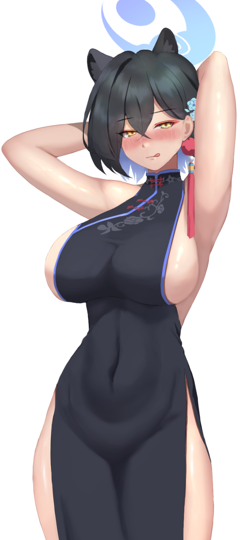 1girl, :q, animal_ears, armpits, arms_behind_head, black_hair, blue_archive, blue_halo, breasts, china_dress, chinese_clothes, commentary_request, covered_navel, dress, hair_between_eyes, halo, kaguya_(blue_archive), large_breasts, looking_at_viewer, nowheresoul, pelvic_curtain, short_hair, simple_background, sleeveless, sleeveless_dress, solo, tongue, tongue_out, white_background, yellow_eyes