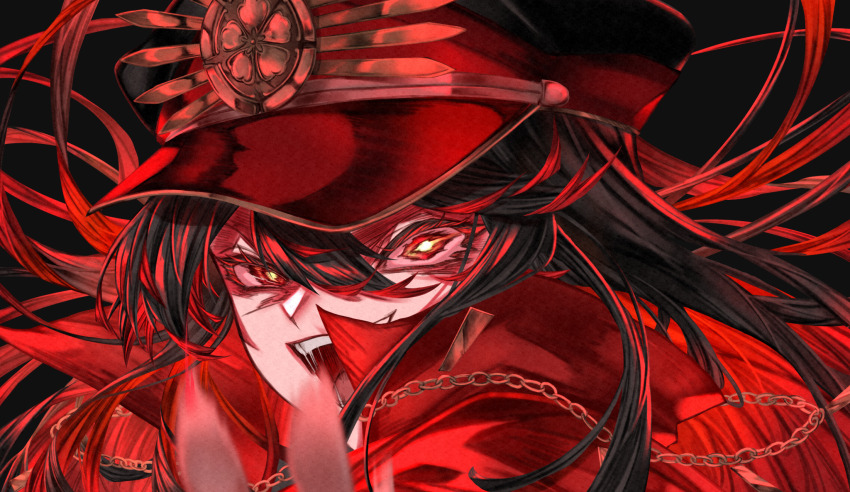 1girl, black_background, black_hair, black_hat, chain, commentary_request, crazy_eyes, crazy_smile