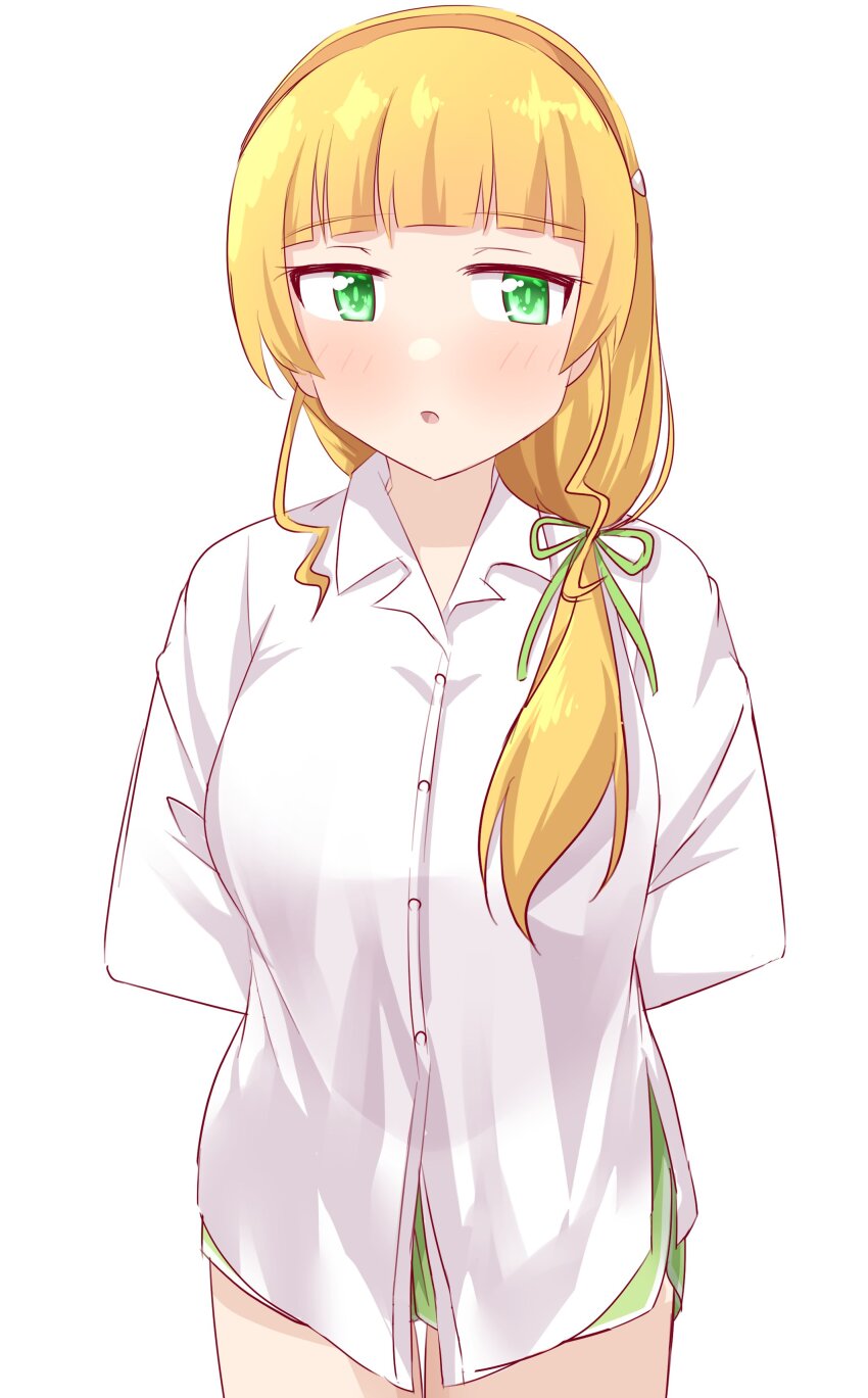 1girl, :o, absurdres, arms_behind_back, averting_eyes, blonde_hair, blunt_bangs, breasts