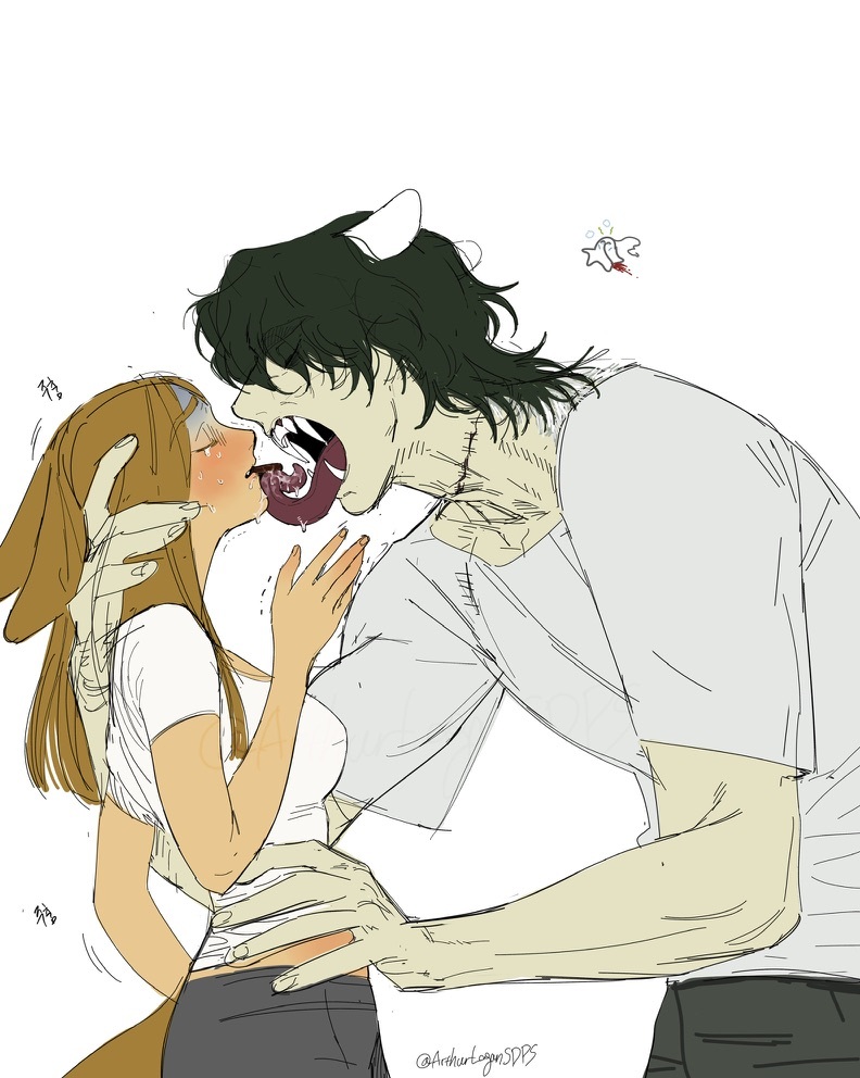 1boy, 1girl, animal_ears, arthurlogansdps, bear_boy, bear_ears, brown_hair, closed_eyes, commentary_request, dog_ears, dog_girl, dog_tail, fangs, food, food_in_mouth, green_hair, grey_shirt, hetero, korean_commentary, licking, licking_another's_face, long_hair, long_tongue, mouth_hold, original, pocky, pocky_kiss, saliva, shared_food, shirt, short_hair, simple_background, stitches, tail, tongue, tongue_out, turn_pale, upper_body, white_background, white_shirt