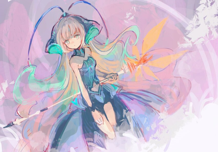 1girl, antennae, atelier_(series), atelier_escha_&amp;_logy, bare_shoulders, blue_dress, blue_horns, brown_hair