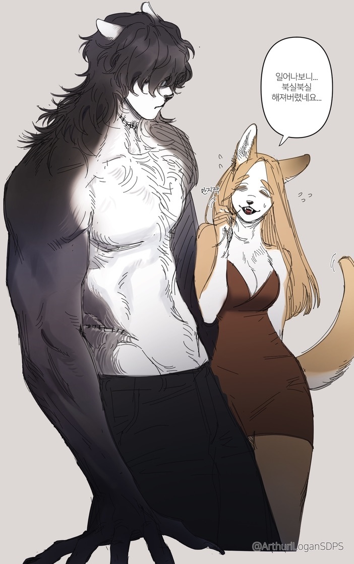 1boy, 1girl, arthurlogansdps, bear_boy, black_fur, black_hair, blonde_hair, body_fur