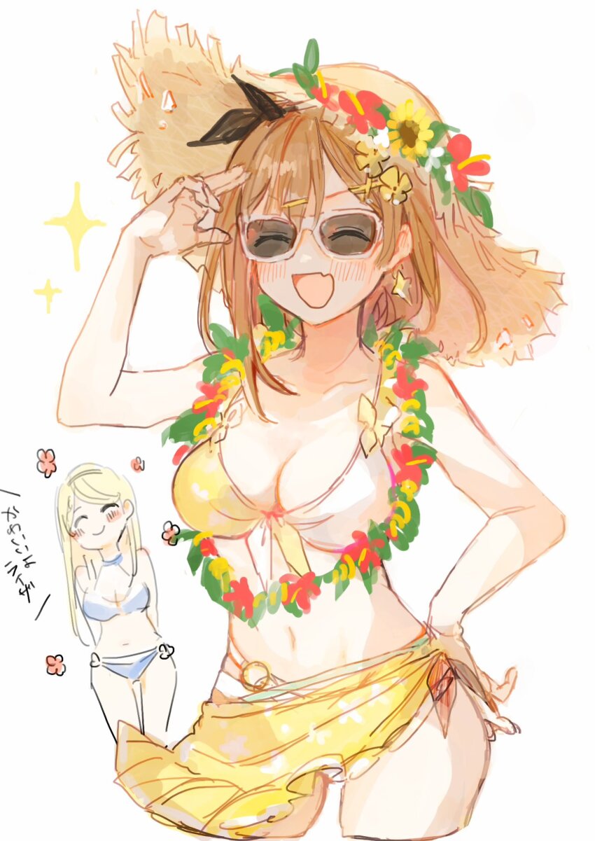 2girls, :d, atelier_(series), atelier_ryza, atelier_ryza_3, bikini, blonde_hair, blue_bikini