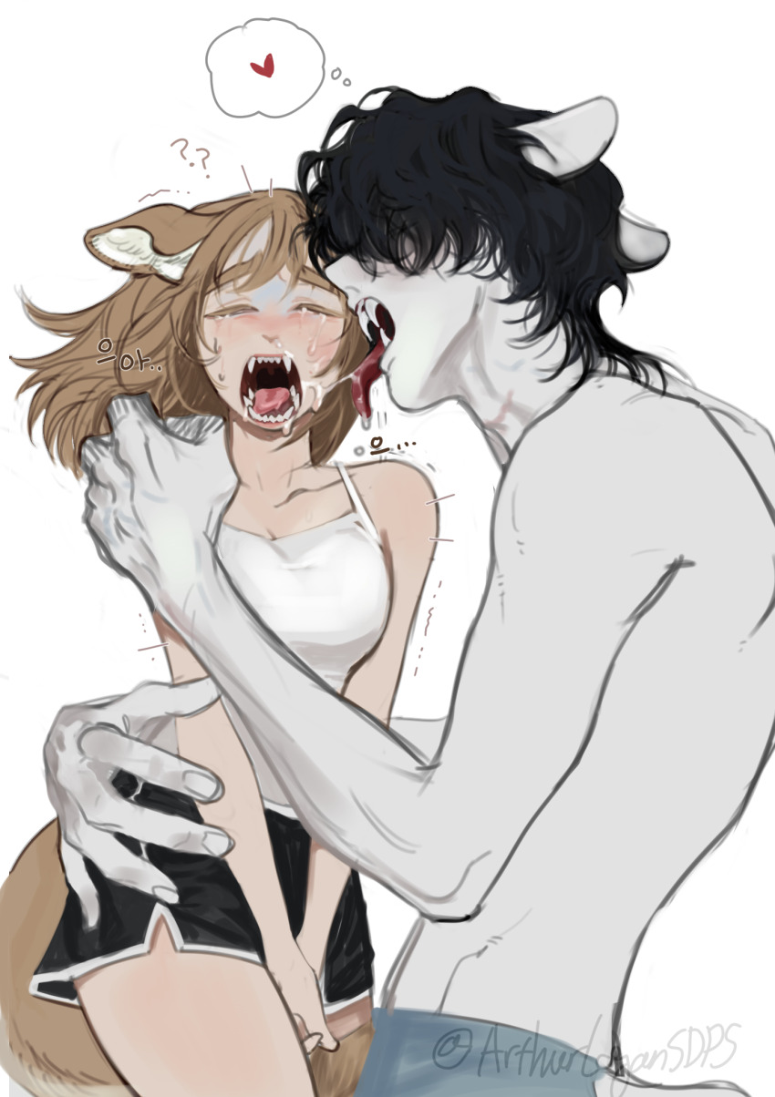 1boy, 1girl, animal_ears, arthurlogansdps, bear_boy, bear_ears, bear_tail, between_legs