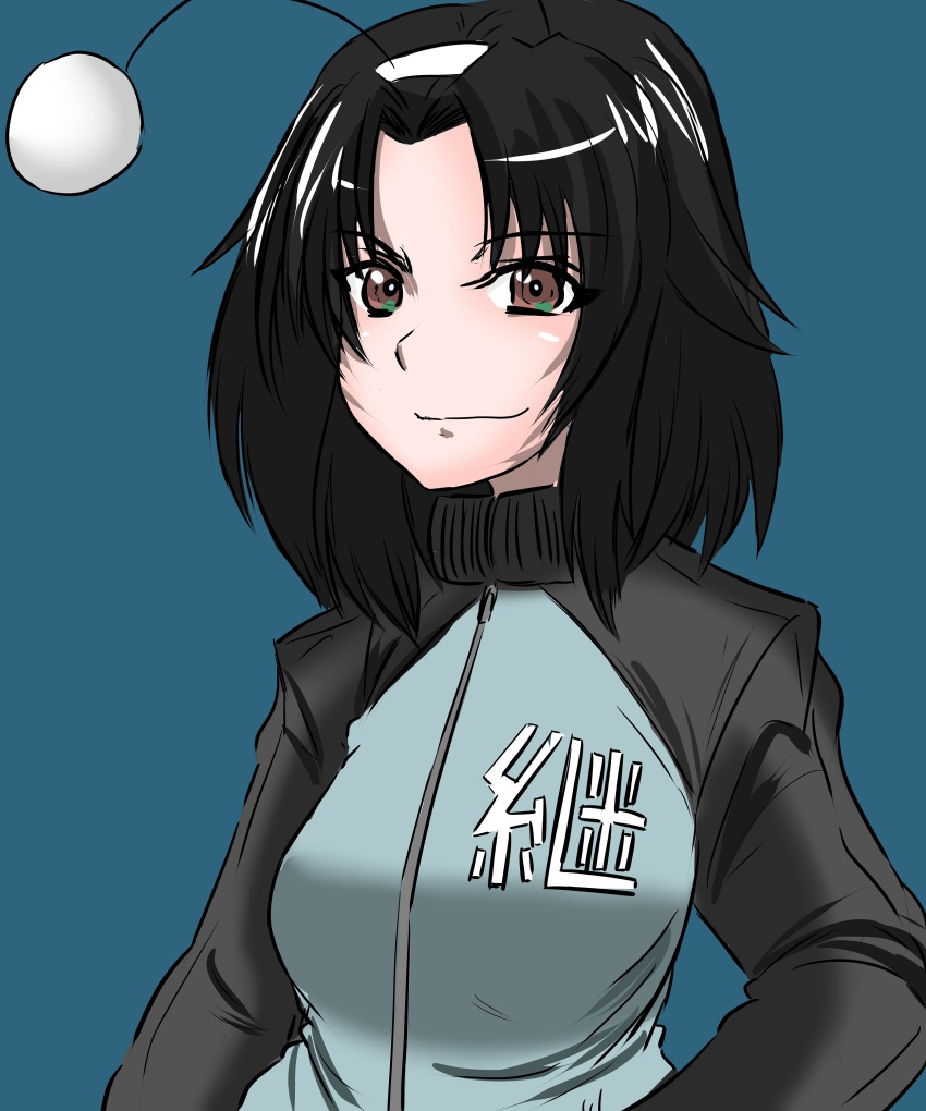 1girl, absurdres, black_hair, blue_jacket, breasts, brown_eyes, commentary_request, girls_und_panzer