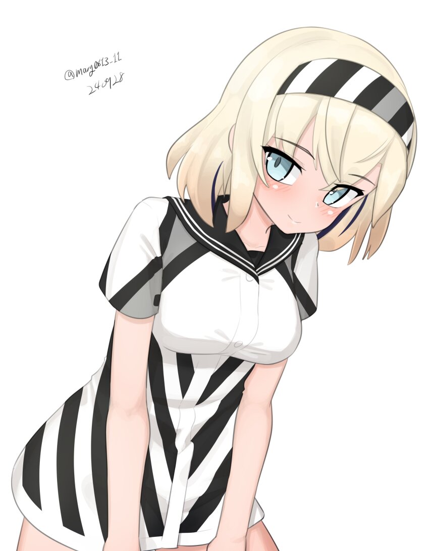 1girl, absurdres, black_sailor_collar, blonde_hair, breasts, cowboy_shot, dated, dress