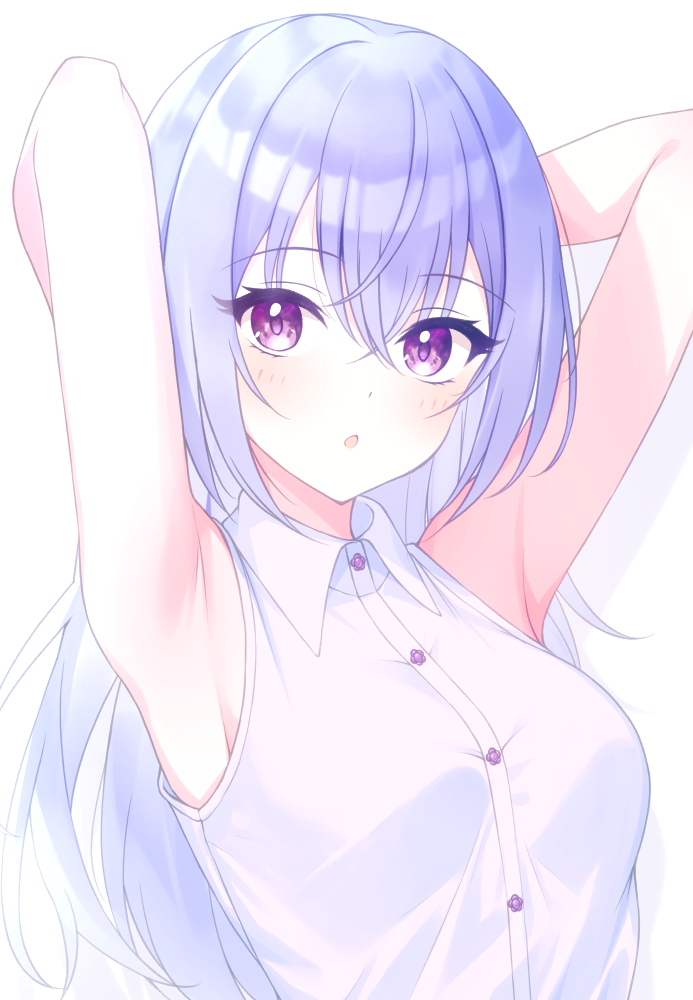 1girl, :o, armpits, arms_behind_head, arms_up, blue_hair, blush, breasts