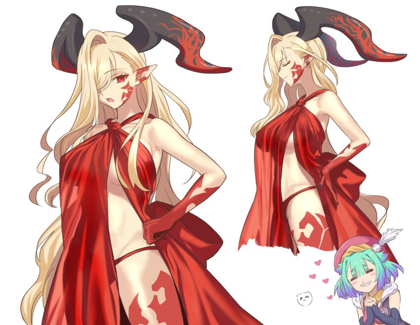 2girls, aora, asymmetrical_bangs, bare_shoulders, blonde_hair, blood, body_markings, breasts, closed_eyes, cosplay, dress, elbow_gloves, facial_mark, fate/grand_order, fate_(series), feathers, gloves, green_hair, grin, hair_over_one_eye, hat, highres, horns, large_breasts, locusta_(event_portrait)_(fate), locusta_(fate), long_hair, looking_at_viewer, multicolored_hair, multiple_girls, multiple_views, nero_claudius_(fate), nosebleed, open_mouth, panties, pink_hat, pointy_ears, purple_hair, queen_draco_(fate), queen_draco_(fate)_(cosplay), queen_draco_(first_ascension)_(fate), queen_draco_(third_ascension)_(fate), red_dress, red_eyes, red_panties, revision, short_hair, side_slit, small_breasts, smile, thighs, two-tone_hair, underwear