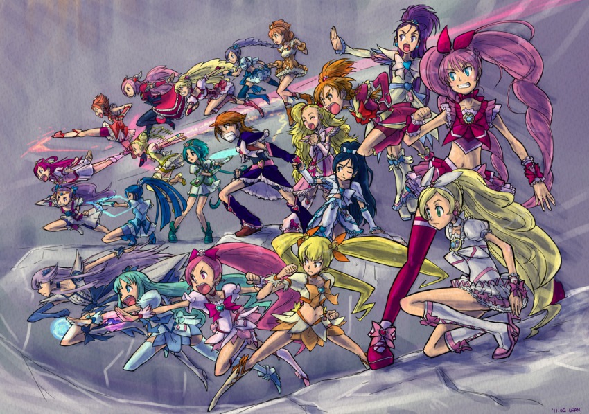 00s, 10s, 6+girls, ^_^, absolutely_everyone, akimoto_komachi, angry, aono_miki, arm_warmers, blonde_hair, blue_eyes, blue_hair, blue_skirt, boots, bow, brooch, brown_hair, choker, closed_eyes, cone_hair_bun, cure_aqua, cure_berry, cure_black, cure_bloom, cure_blossom, cure_dream, cure_egret, cure_lemonade, cure_marine, cure_melody, cure_mint, cure_moonlight, cure_passion, cure_peach, cure_pine, cure_rhythm, cure_rouge, cure_sunshine, cure_white, curly_hair, dress, earrings, elbow_gloves, everyone, flower, fresh_precure!, frown, futari_wa_precure, futari_wa_precure_max_heart, futari_wa_precure_splash_star, gloves, green_hair, grin, hair_bun, hair_ornament, hair_rings, hairpin, hanasaki_tsubomi, happy, heart, heart_brooch, heart_hair_ornament, heartcatch_precure!, heroes'_gallery, higashi_setsuna, high_heels, high_ponytail, houjou_hibiki, hyuuga_saki, in-franchise_crossover, jewelry, kasugano_urara_(precure), kicking, knee_boots, kneeling, kujou_hikari, kurumi_erika, long_hair, magic, magical_girl, midriff, milk_(precure), milky_rose, mimino_kurumi, minamino_kanade, minazuki_karen, mishou_mai, misumi_nagisa, momozono_love, multiple_girls, myoudouin_itsuki, natsuki_rin, navel, open_mouth, orange_hair, pantyhose, pink_arm_warmers, pink_bow, pink_hair, ponytail, precure, precure_all_stars, purple_eyes, purple_hair, red_hair, rekka_uran, ribbon, running, shiny_luminous, shoes, short_hair, shorts, shorts_under_skirt, single_elbow_glove, single_glove, single_hair_bun, skirt, smile, spiked_hair, suite_precure, thighhighs, thighhighs_under_boots, tsukikage_yuri, twintails, two_side_up, white_choker, white_footwear, wrist_cuffs, yamabuki_inori, yellow_bow, yes!_precure_5, yes!_precure_5_gogo!, yukishiro_honoka, yumehara_nozomi
