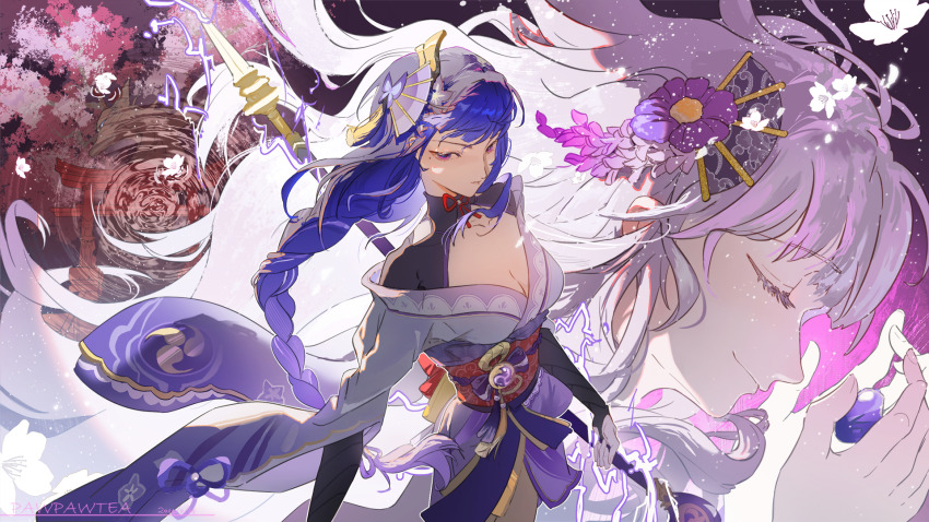 2girls, artist_name, blunt_bangs, braid, breasts, bridal_gauntlets, cherry_blossoms, chinese_commentary, cleavage, close-up, closed_eyes, closed_mouth, collarbone, commentary_request, dated, electricity, engulfing_lightning_(genshin_impact), falling_petals, flower, from_above, from_side, genshin_impact, gradient_hair, hair_flowing_over, hair_ornament, hair_ribbon, hands_up, highres, holding, holding_polearm, holding_weapon, japanese_clothes, kimono, light_smile, long_braid, long_hair, looking_to_the_side, makoto_(genshin_impact), medium_breasts, mitsudomoe_(shape), mole, mole_under_eye, muguachahaohe, multicolored_hair, multiple_girls, neck_ribbon, outdoors, parted_lips, petals, polearm, purple_eyes, purple_hair, purple_kimono, purple_ribbon, raiden_shogun, red_ribbon, reflection, ribbon, ripples, short_sleeves, siblings, single_braid, sisters, standing, streaked_hair, swept_bangs, tomoe_(symbol), tree, twins, water, watermark, weapon, wide_sleeves